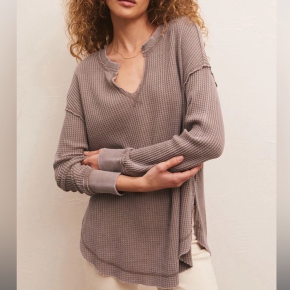 Z Supply Waffle Knit Henley Thermal Sweatshirt Top - Picture 4 of 9